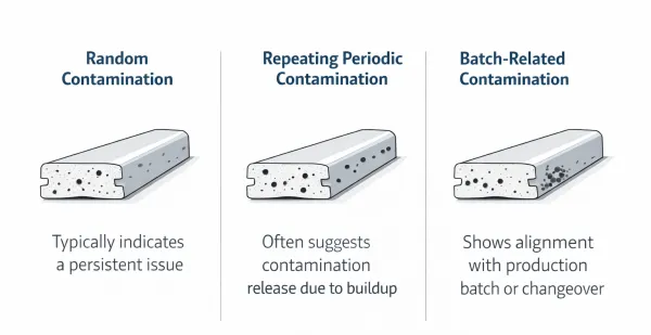 Black speck contamination patterns in extrusion showing random periodic startup and batch-related defects