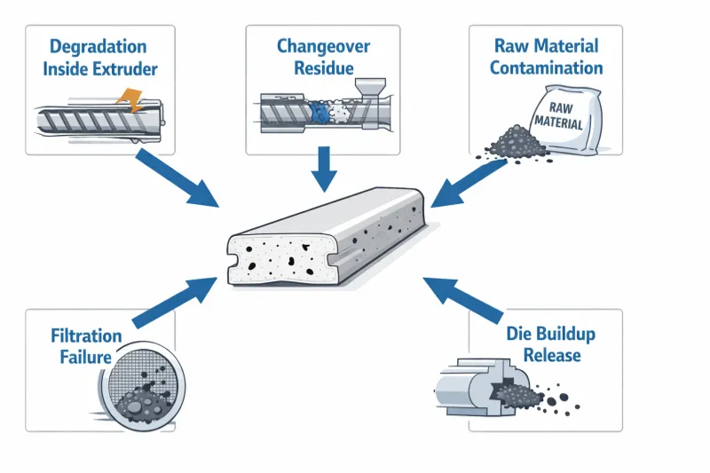 Black specks in extrusion diagram showing degradation residue material contamination filtration failure and die build-up sources