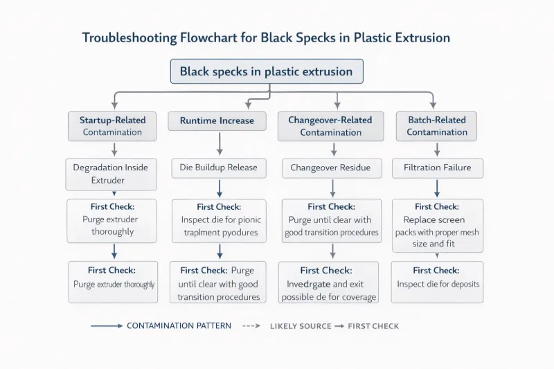Black specks in extrusion troubleshooting flowchart linking contamination patterns to likely sources