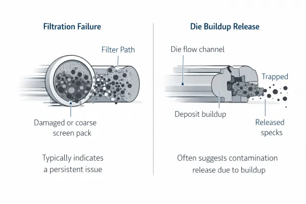 Filtration failure versus die build-up release in plastic extrusion contamination troubleshooting