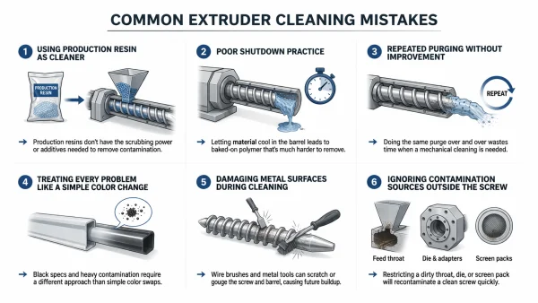 Common mistakes in extruder screw and barrel cleaning that make contamination worse