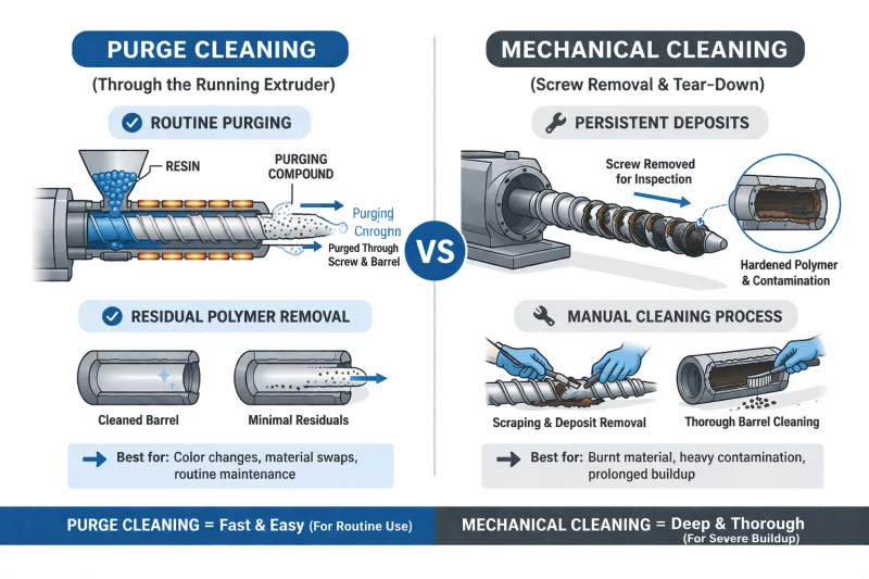 Extruder screw and barrel cleaning methods comparing purging and mechanical cleaning