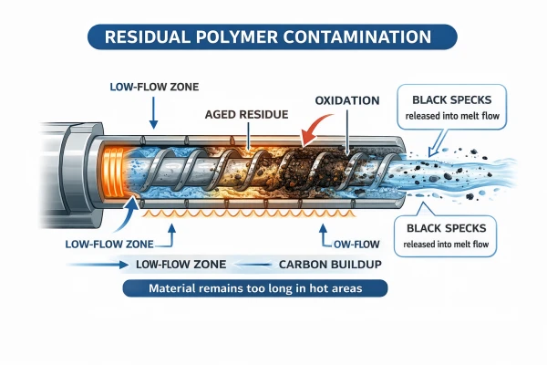 Residual polymer causing contamination inside an extruder screw and barrel
