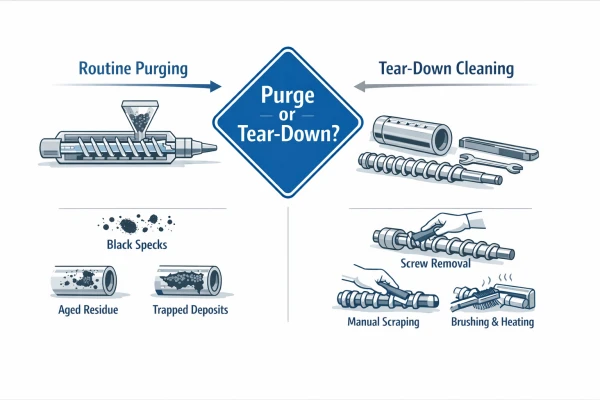 How to clean an extruder screw and barrel using purge versus tear-down cleaning