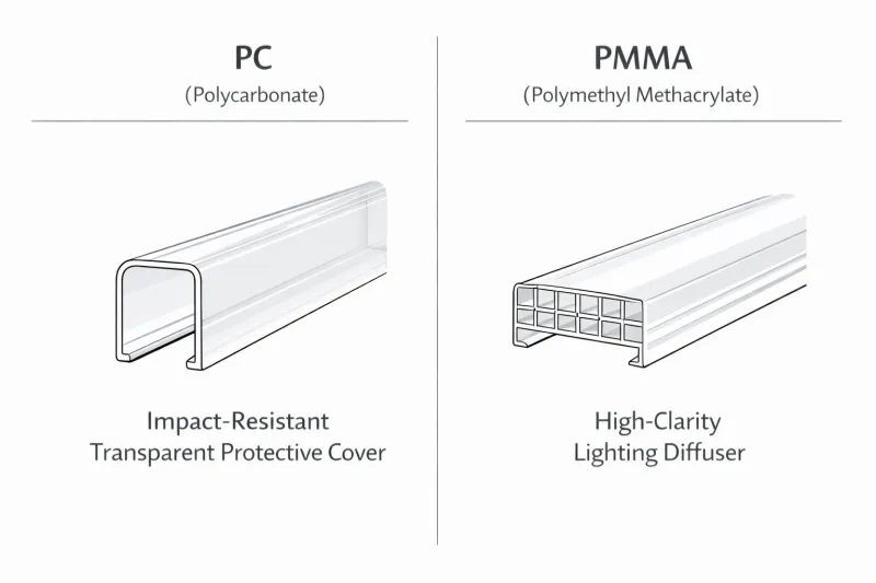 PC versus PMMA in extrusion showing impact-resistant transparent cover versus high-clarity diffuser
