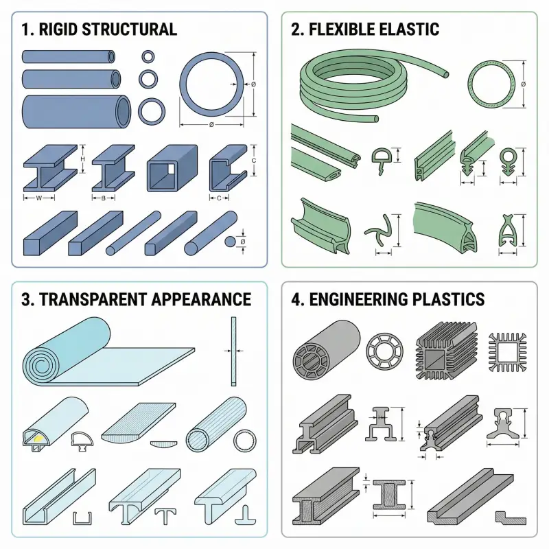 Plastic extrusion materials grouped into rigid, flexible, transparent and engineering categories using extruded products