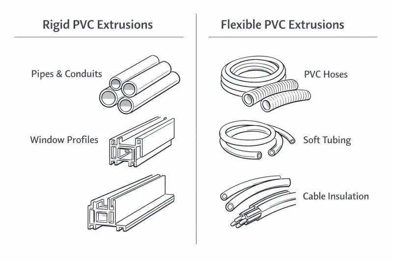 Rigid PVC pipes and profiles compared with flexible PVC hoses and tubing in extrusion