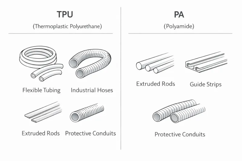 TPU flexible tubing and PA extruded rods and wear strips used in extrusion applications