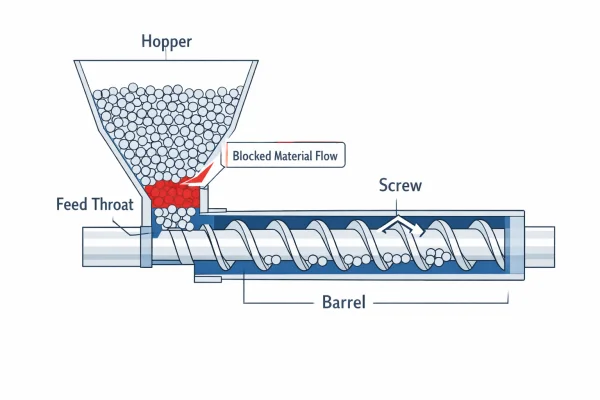 Plastic extruder not feeding diagram showing interrupted material flow between hopper and feed throat