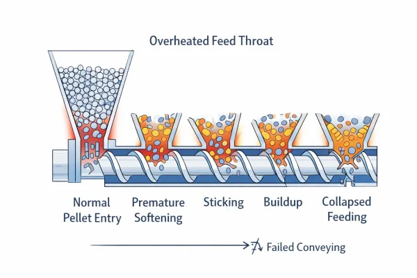 Feed throat overheating in extrusion causing pellets to soften early and block normal feeding