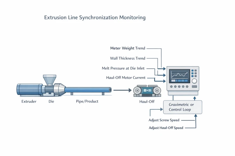 Monitoring signals for extrusion synchronization including meter weight, wall thickness, melt pressure and haul-off motor current