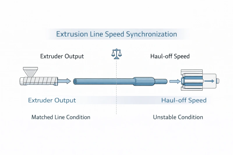 Extruder output and haul-off speed synchronization in a plastic extrusion line