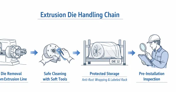 Extrusion die cleaning workflow showing residue removal protected storage and pre-installation inspection