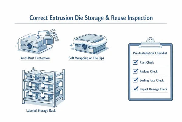Extrusion die storage and pre-installation inspection with anti-rust protection and labeled rack