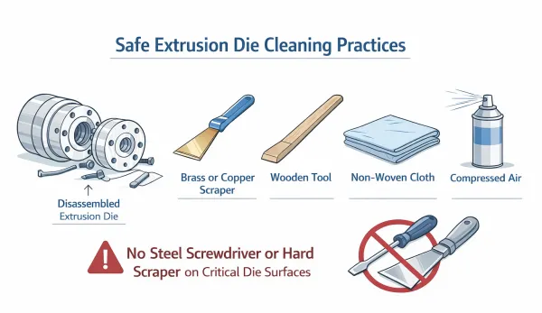 Extrusion die cleaning tools including brass scraper soft tools and no steel tools on die surfaces