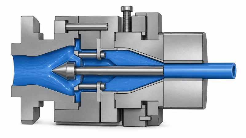 Plastic extrusion die cutaway showing melt flow channels, die land and tube exit