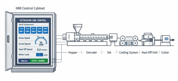 Extrusion line PLC control cabinet with HMI screen showing real-time production parameters