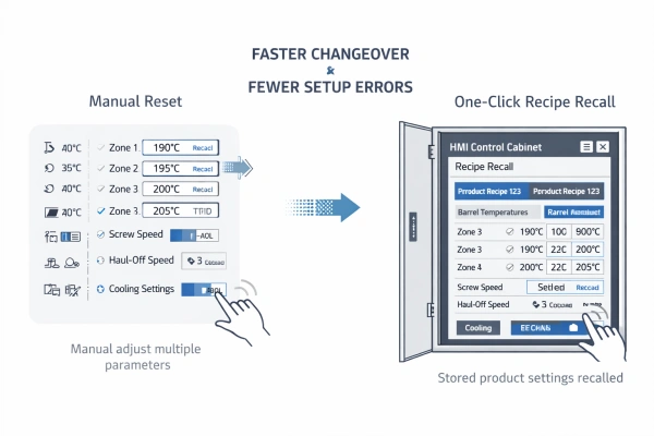 HMI recipe management interface showing stored extrusion process recipes for product changeover