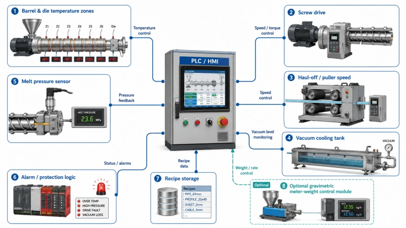 Plastic extrusion line control system scope map showing PLC HMI temperature zones screw speed haul-off speed pressure alarms recipes and meter weight control