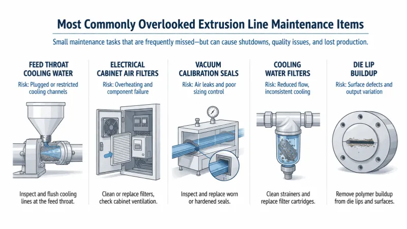 Most overlooked extrusion line maintenance items including feed throat cooling cabinet filters vacuum seals water filters and die lip buildup