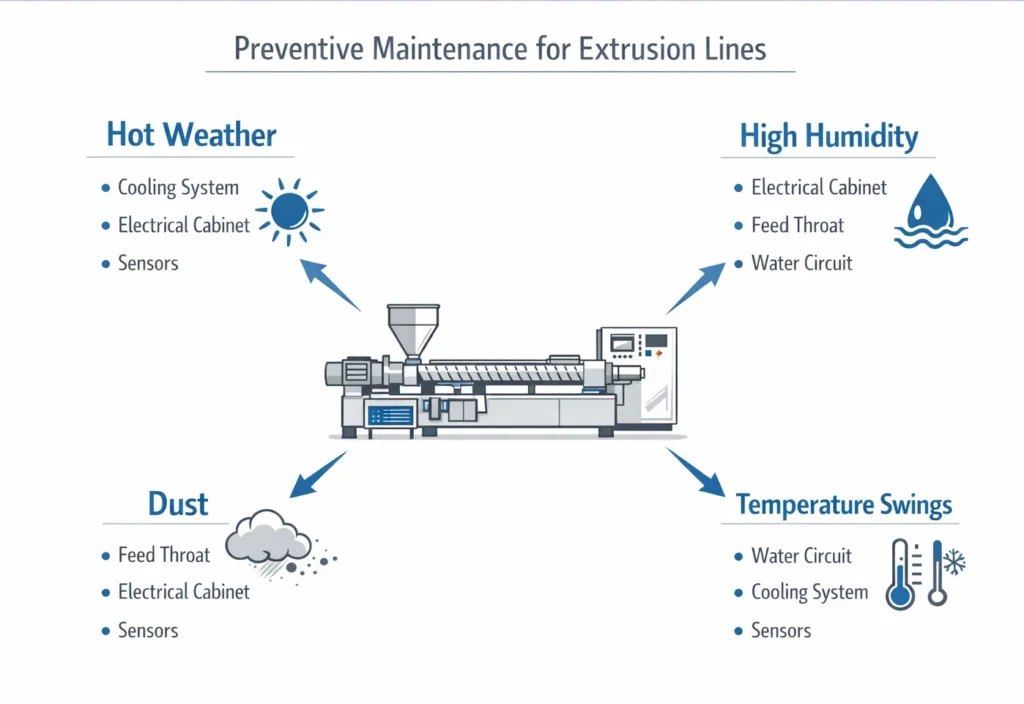 Preventive maintenance for extrusion lines under hot weather humidity dust and temperature swings