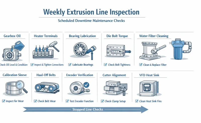 Weekly extrusion line maintenance inspection during scheduled downtime