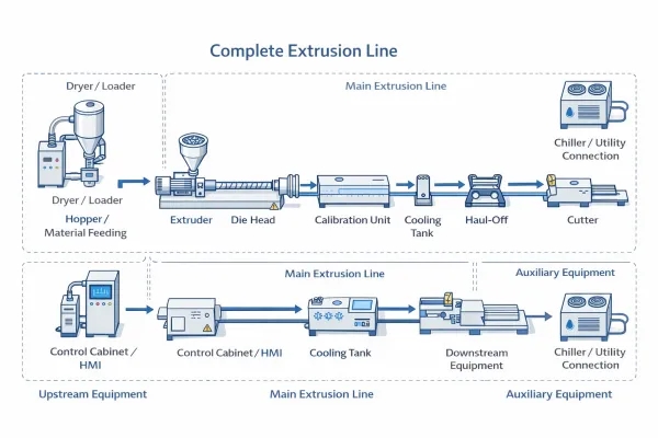 Complete extrusion line layout showing modules and scope of supply boundaries