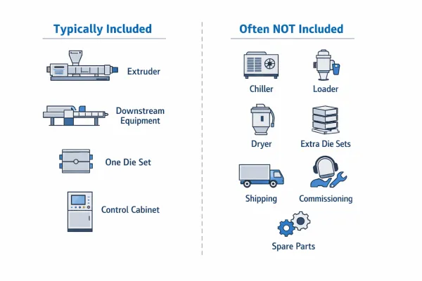 Extrusion line quotation scope comparison showing included and commonly excluded items