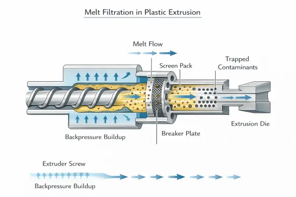 Diagram of melt filtration in plastic extrusion showing screen pack breaker plate and backpressure generation
