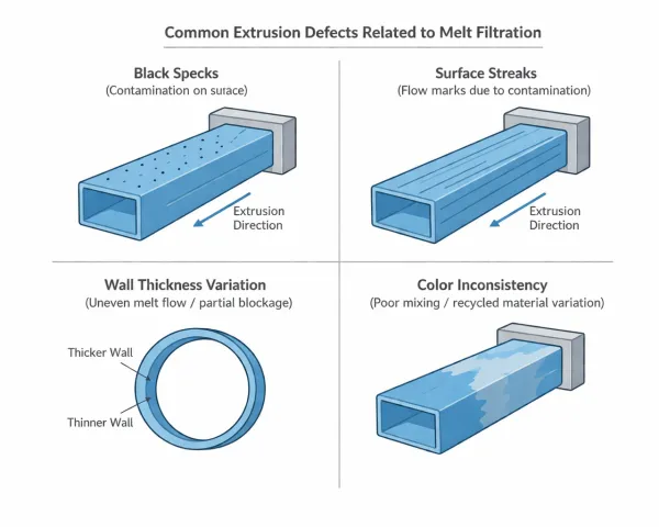 Four common extrusion defects related to melt filtration black specks surface streaks wall thickness variation color inconsistency