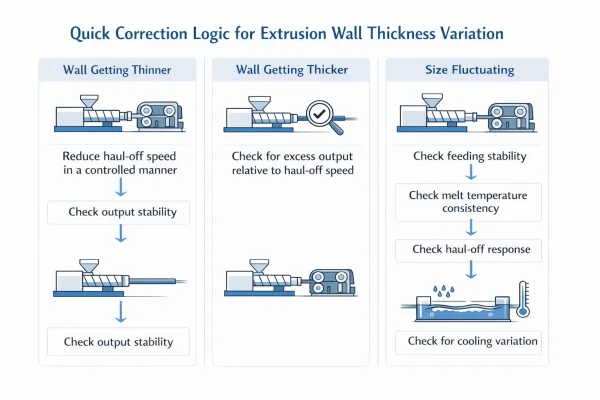Correction guide for plastic extrusion wall getting thinner thicker or fluctuating
