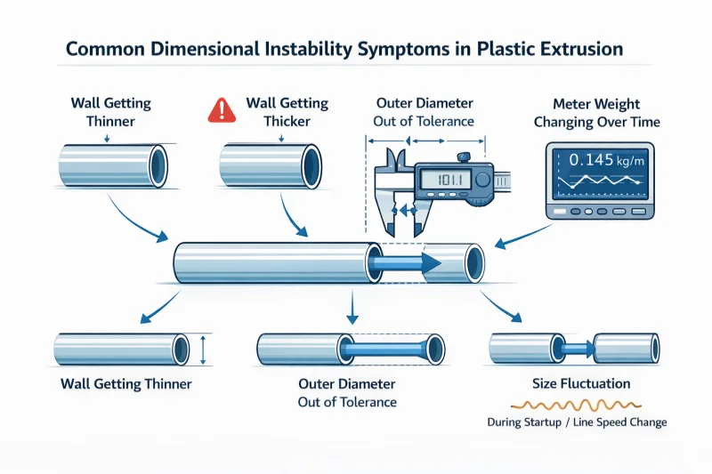 Plastic extrusion wall thickness variation symptoms including thinner wall thicker wall OD drift meter weight change and fluctuating size