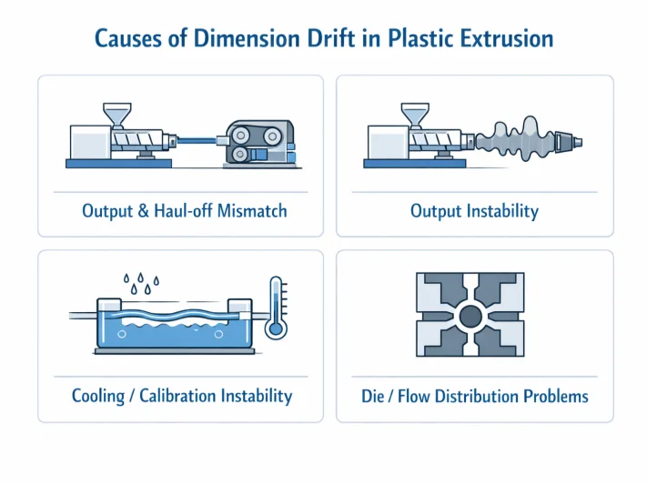 Four causes of plastic extrusion dimension drift including line mismatch unstable output cooling instability and die flow distribution