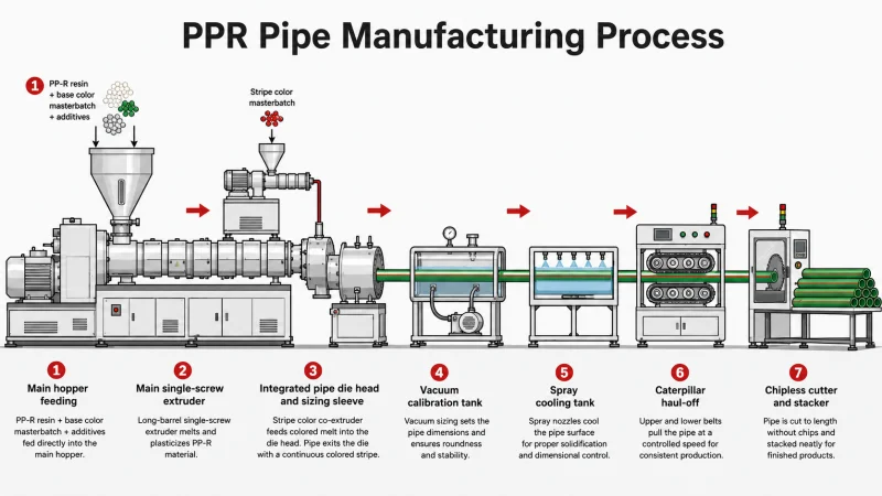 PPR pipe manufacturing process from PP-R resin feeding to extrusion, calibration, cooling, haul-off and cutting