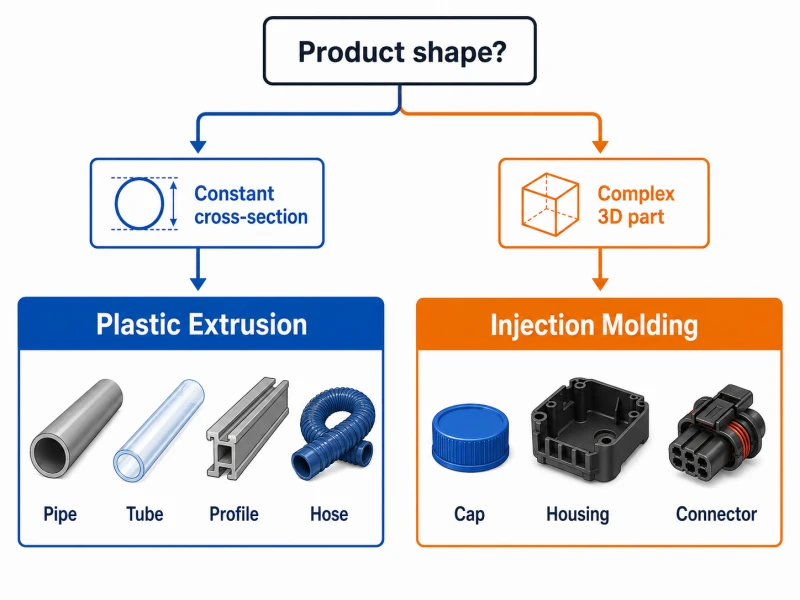 Decision tree for choosing extrusion or injection molding based on product shape and production requirements