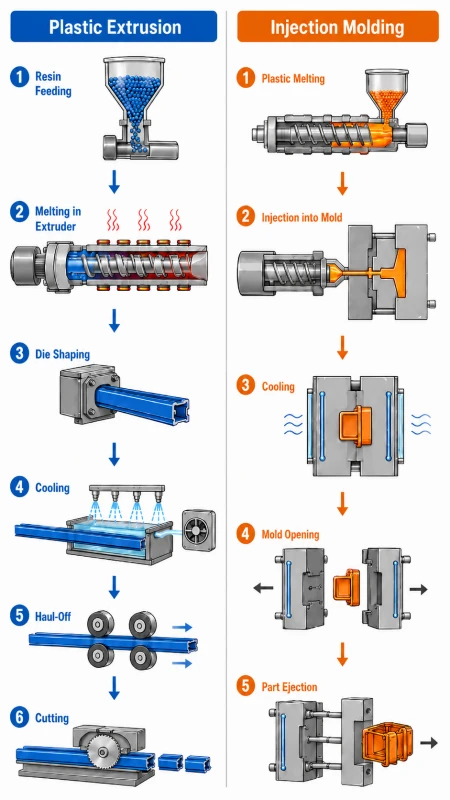 Plastic extrusion vs injection molding process flow comparison from melting to finished product