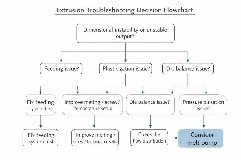 Decision flowchart for when to consider a melt pump in extrusion after checking upstream stability pressure fluctuation and product tolerance