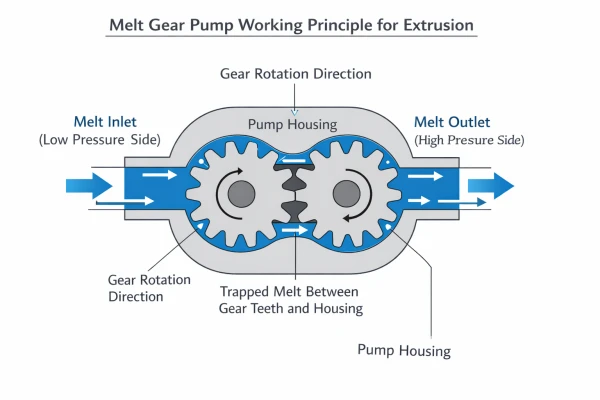 Melt pump working principle diagram showing positive displacement gear mechanism