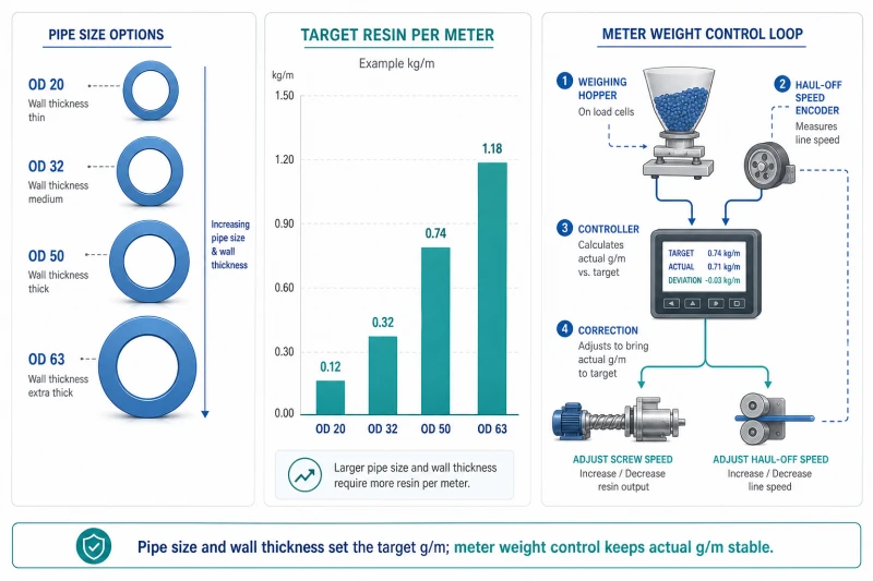 Pipe size, target resin per meter and meter weight control loop for plastic extrusion