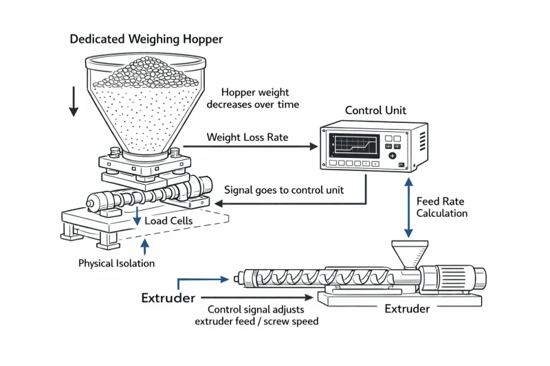Technical diagram of a meter weight control loop with load cells, controller and haul-off speed signal
