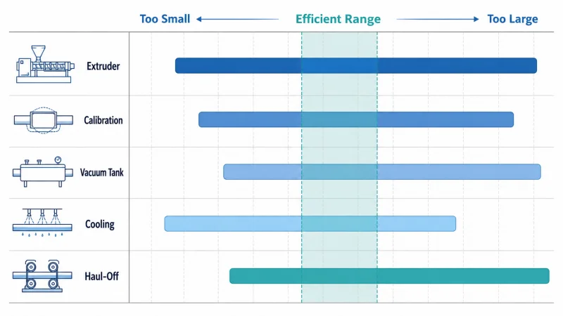 Chart showing efficient pipe extrusion line size range as the overlap of extruder calibration vacuum tank cooling and haul-off windows
