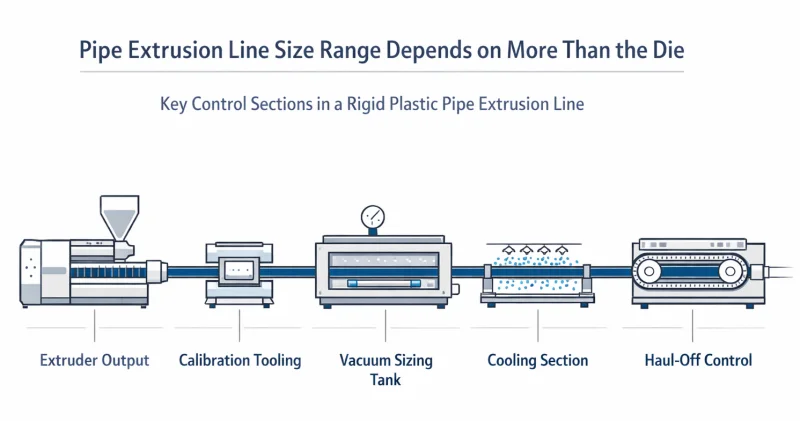 Pipe extrusion line size range depends on extruder output calibration vacuum cooling and haul-off, not only die change