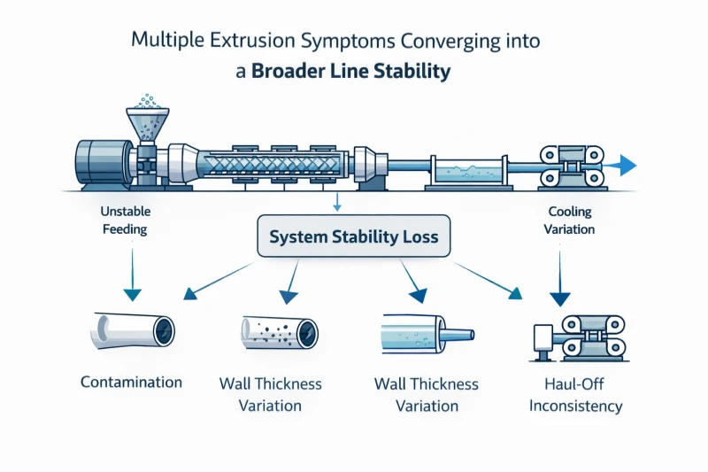 Engineering infographic showing how unstable feeding, contamination, wall thickness variation and haul-off inconsistency can indicate a broader extrusion line stability problem