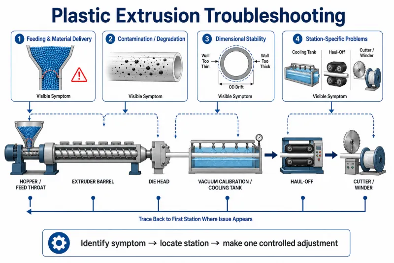 Operator troubleshooting map showing feeding, contamination, wall thickness and station-based plastic extrusion problems