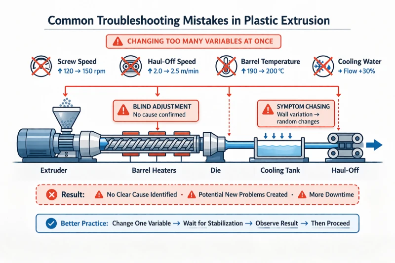 Infographic showing common plastic extrusion troubleshooting mistakes such as changing screw speed, haul-off speed, barrel temperature and cooling water at the same time
