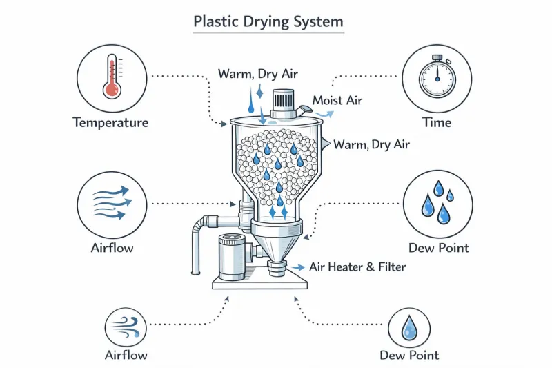 Four resin drying parameters for plastic extrusion: temperature, time, airflow and dew point