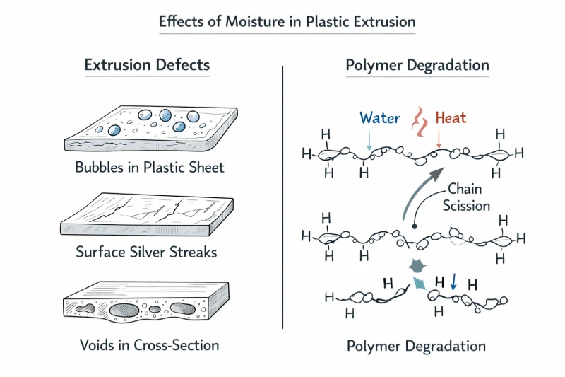 Moisture defects and hydrolysis damage from wet resin in plastic extrusion