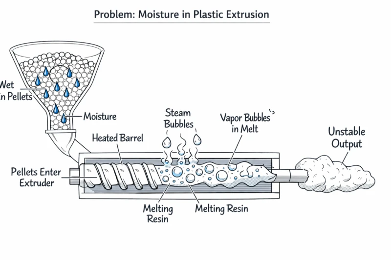 Wet plastic pellets causing instability before resin drying in plastic extrusion