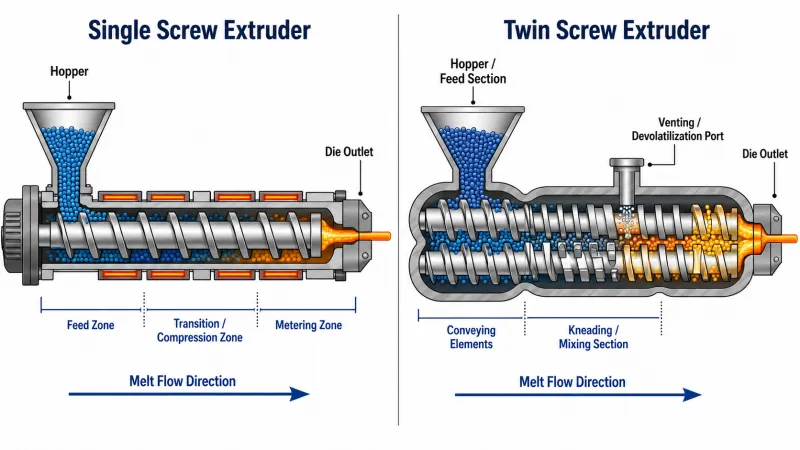 Single screw extruder zones compared with twin screw mixing and venting sections