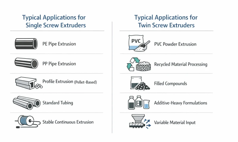 Typical applications for single screw and twin screw extruders in plastic processing